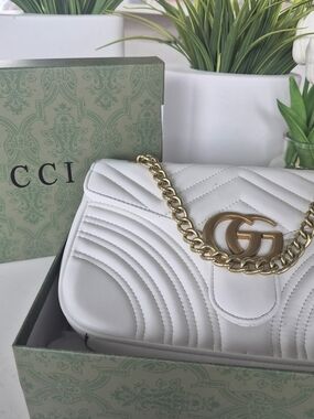 Gucci White Quilted GG Shoulder Bag with Gold Chain